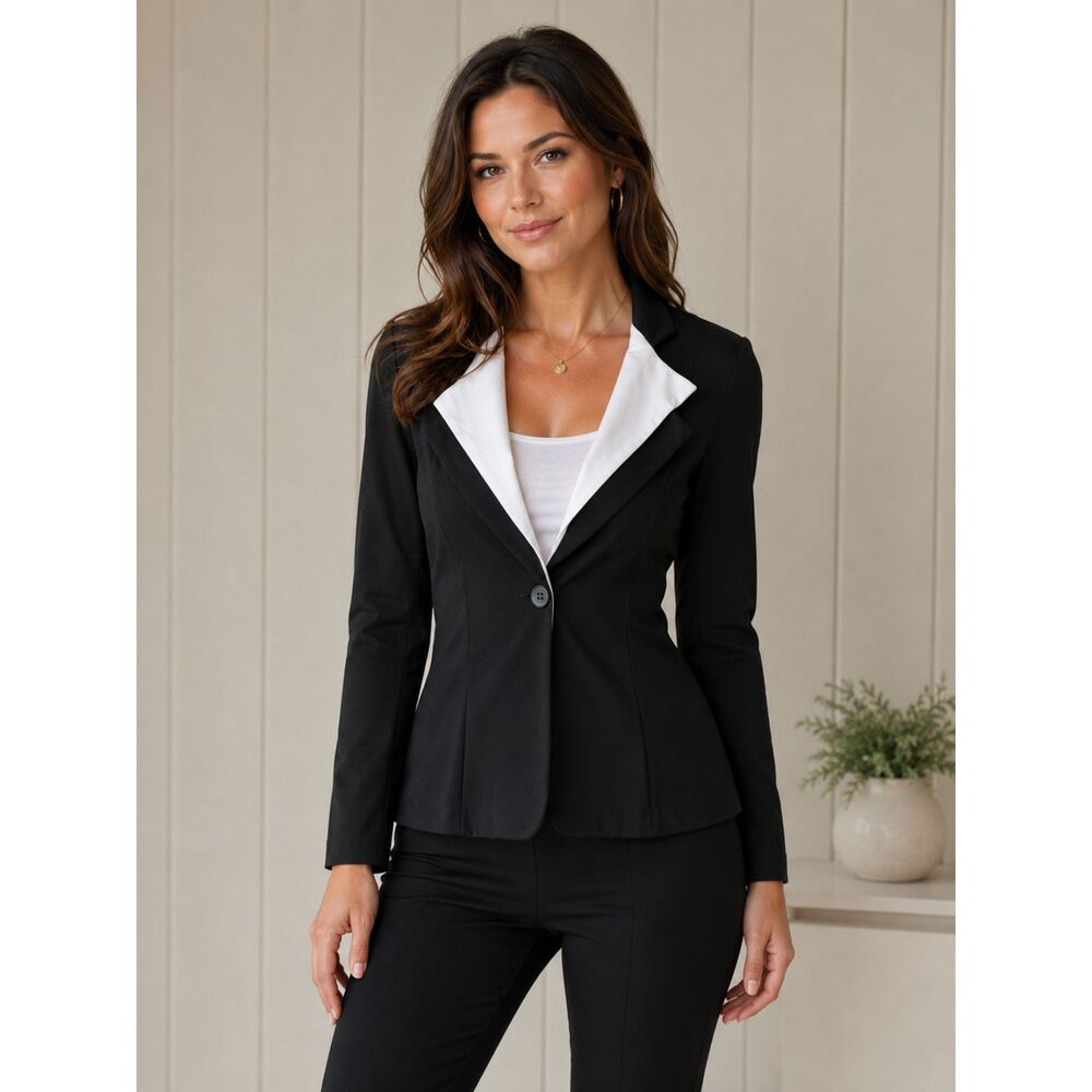 Black White Contrast Collar Stretch Blazer Jacket Women’s 2X NWT Office Career